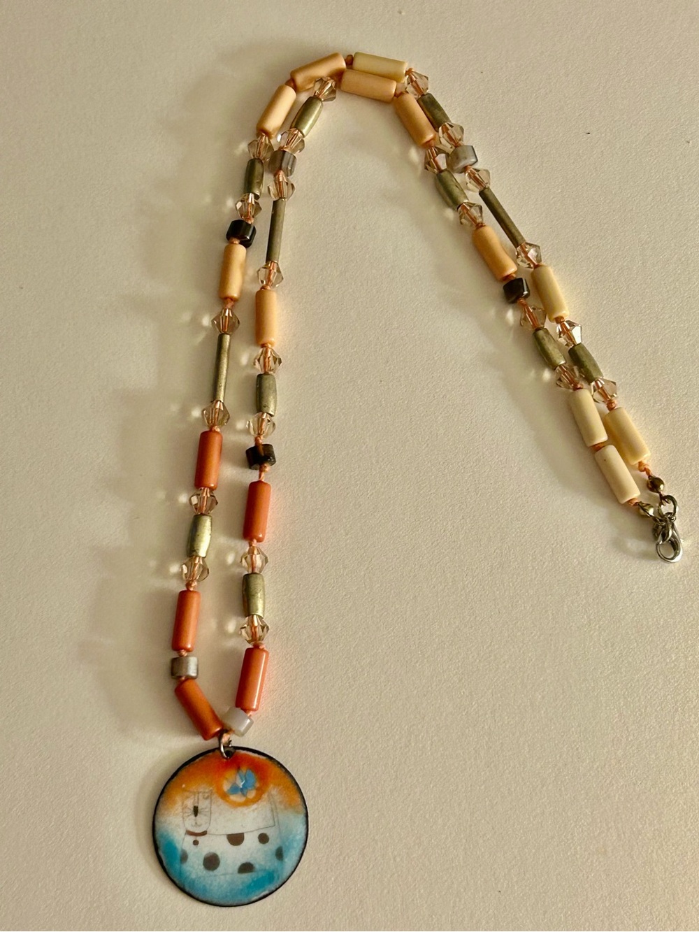 Necklace Happy Cat & Bluebird NWOT Artisan Copper Enamel, Loft stone shell bead